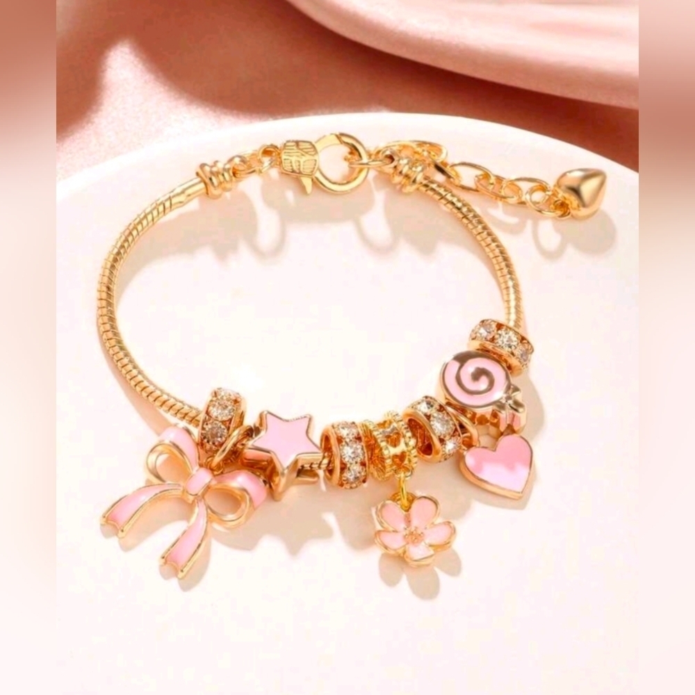 Fashion Jewelry Pink and Gold Charm Bracelet